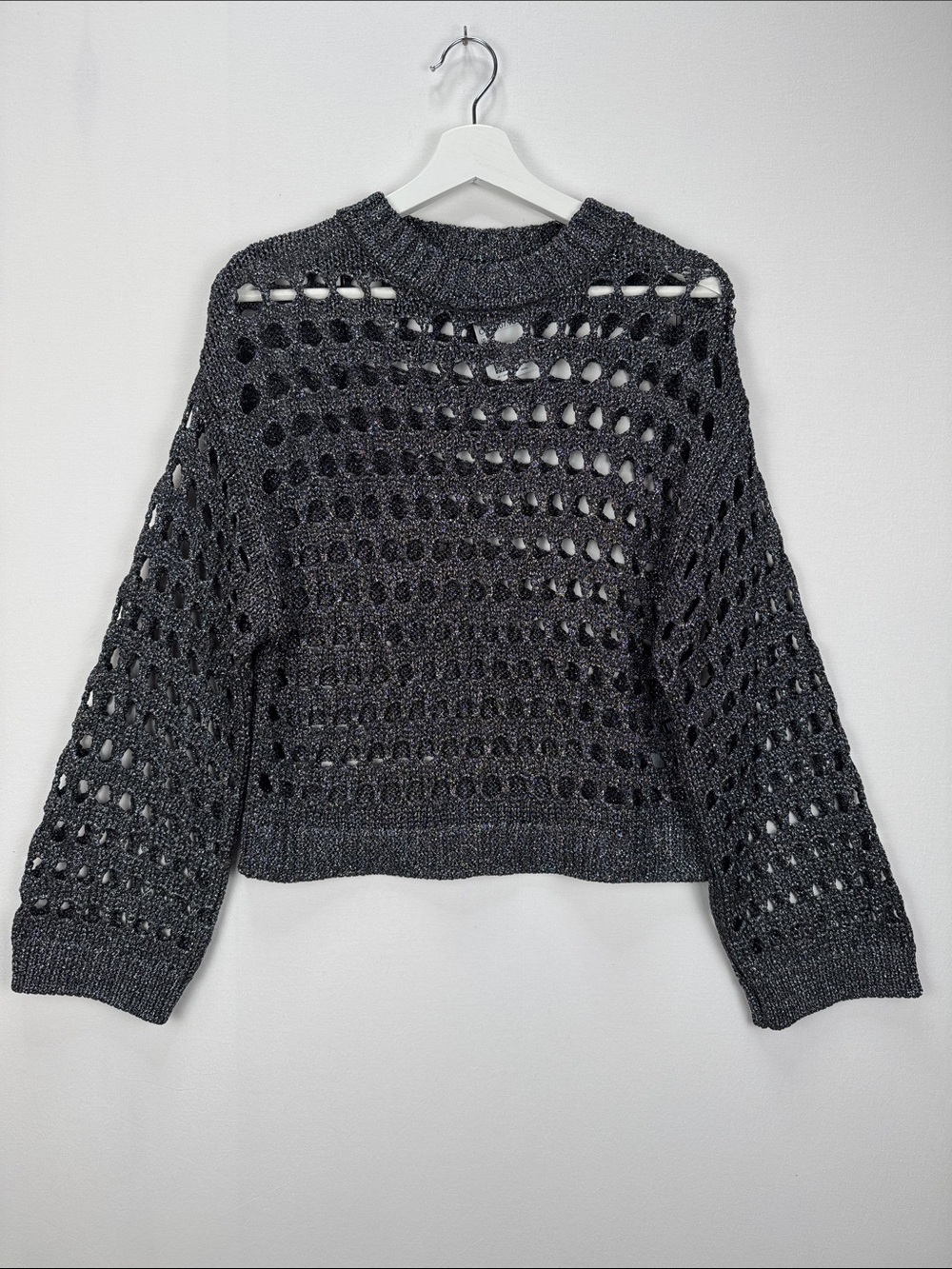 H&M Metallic Open Knit Sweater Size Small Silver Black Shimmer Crochet Pullover